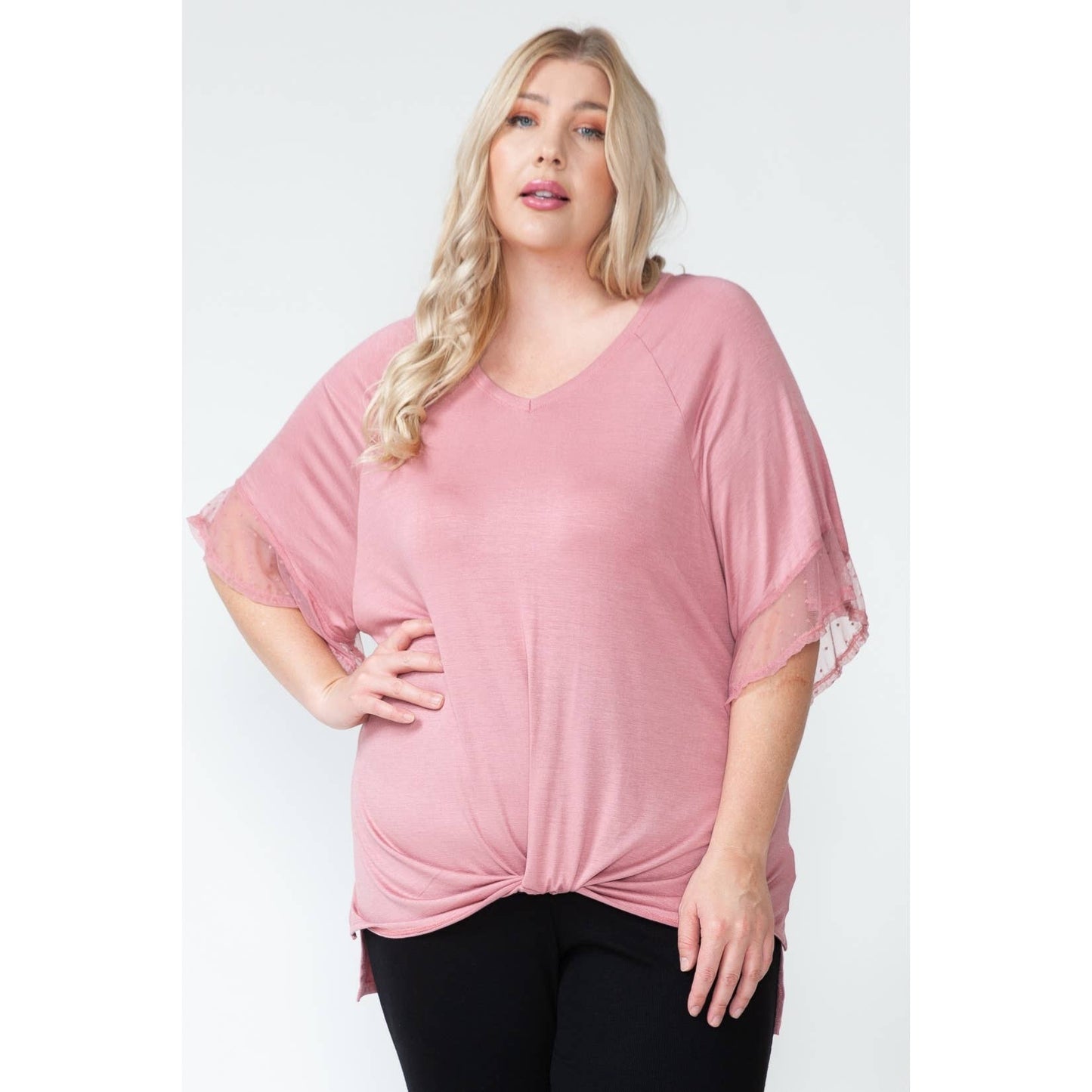 Plus Size V-Neck Dot Mesh Ruffled Sleeve Blouse
