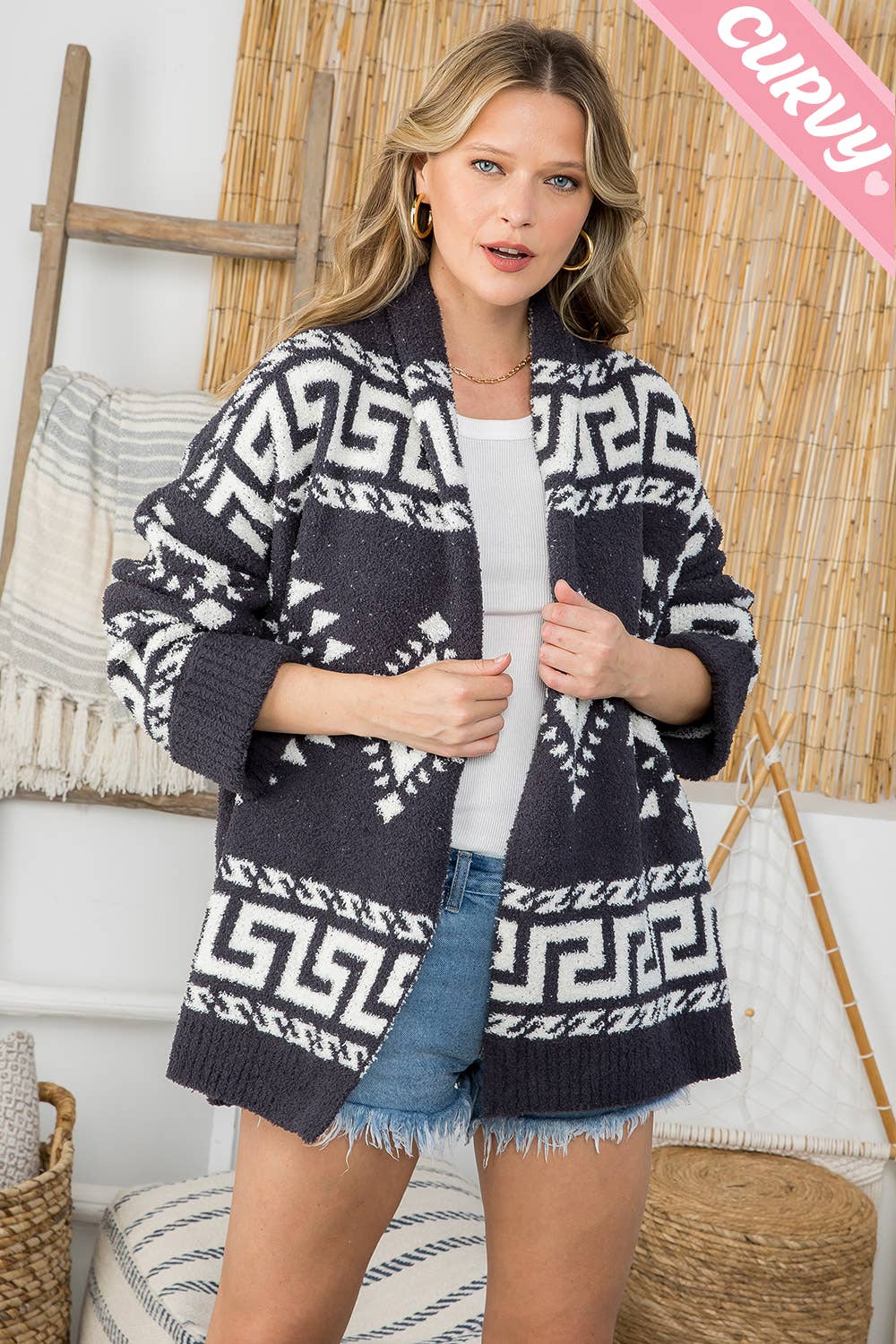 PLUS SIZE AZTEC PRINT SUPER SOFT COZY SWEATER KNIT CARDIGAN