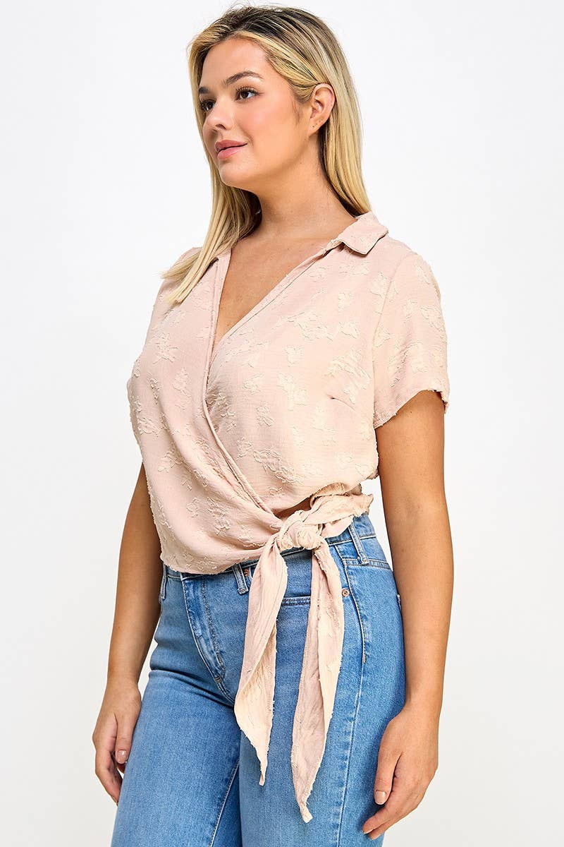 Plus Size Collar Wrap Side Tie Top - NK18396-T