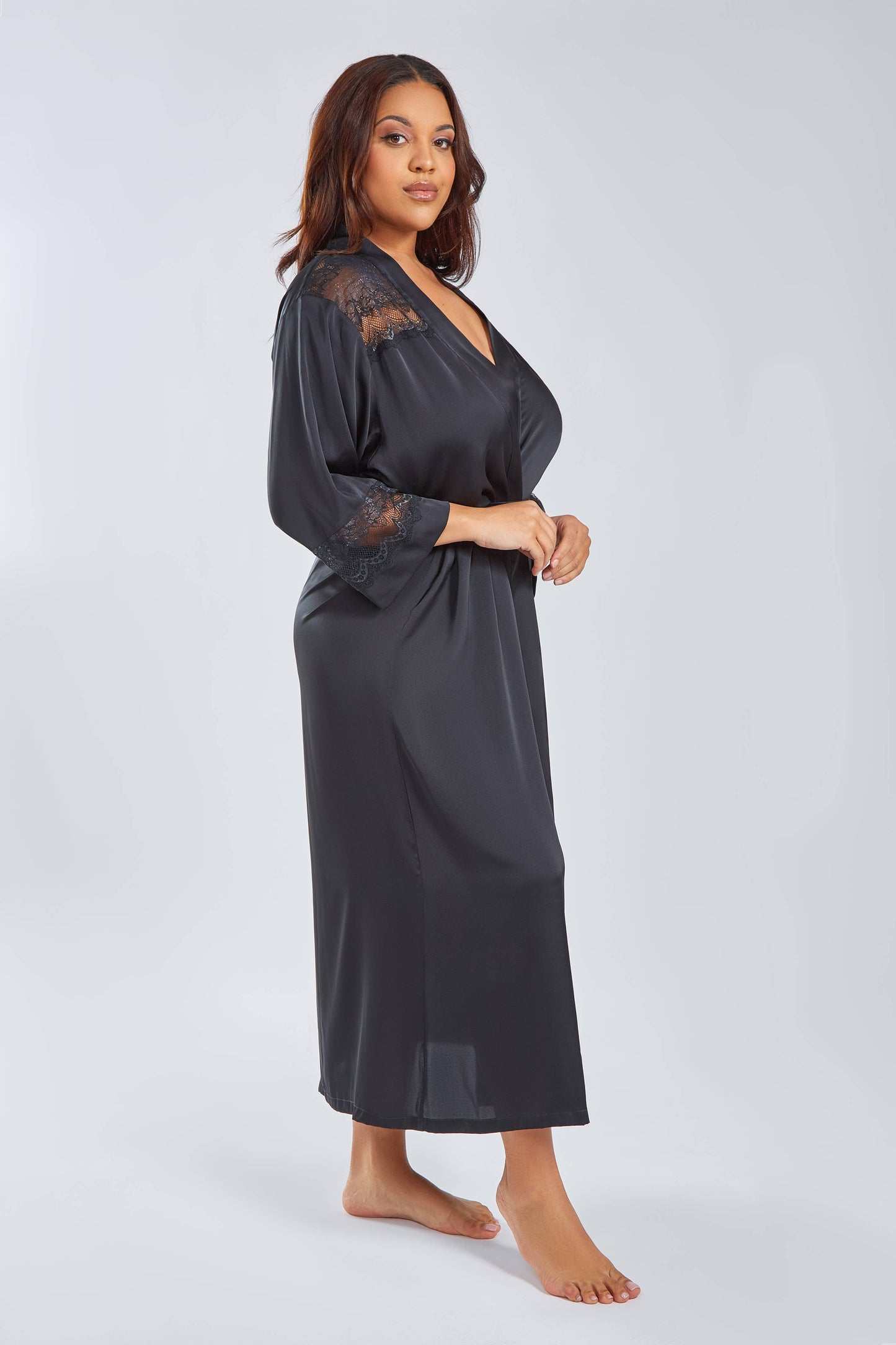 Tess Plus Size Stretch Satin Long Robe with Lace