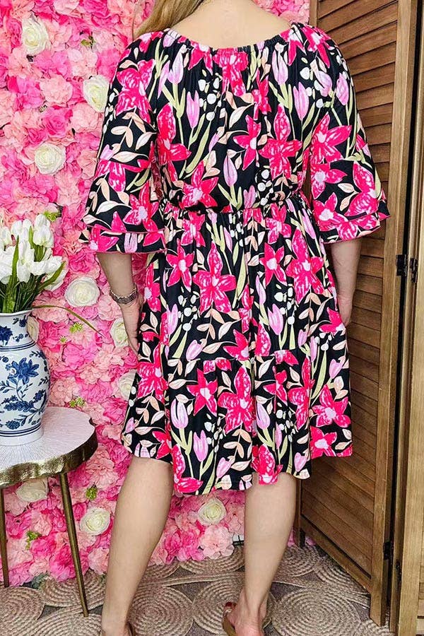 Floral printed off shoulder 3/4 sleeves dress GJQ16187
