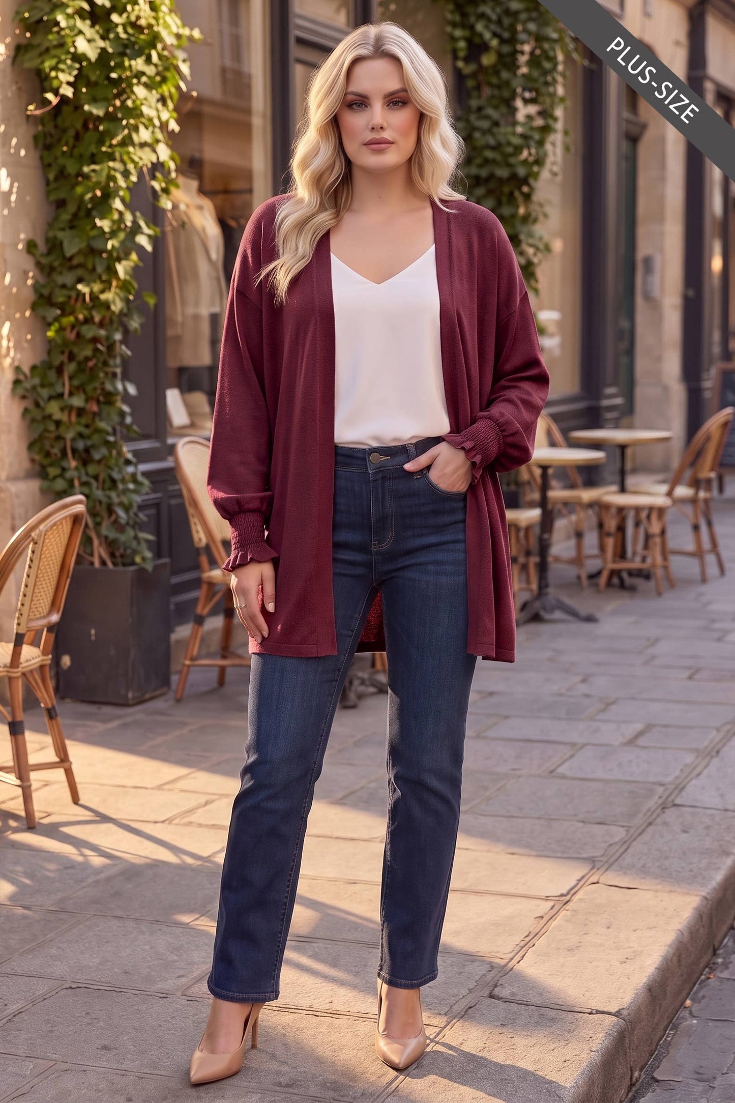 PLUS SIZE Soft Hacci Smocked Sleeve Open Front Cardigan