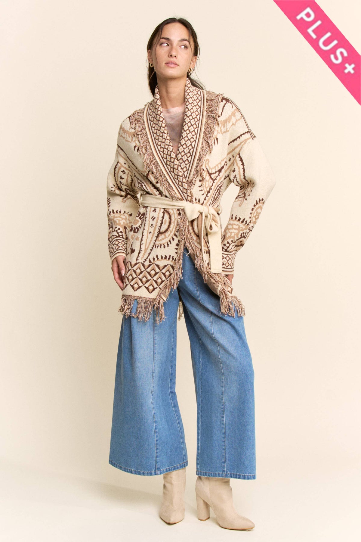 Plus - Fringe Trim Jacquard Belted Cardigan