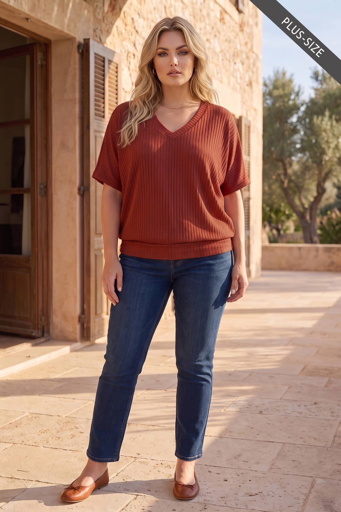 PLUS SIZE Soft Rib V-Neckline Ruched Top