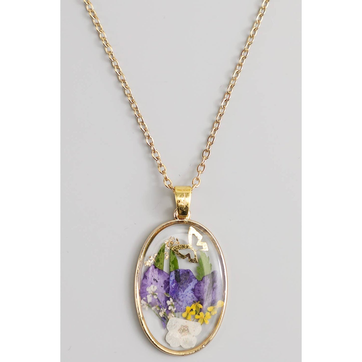 PRESSED FLOWER OVAL PENDANT NECKLACE