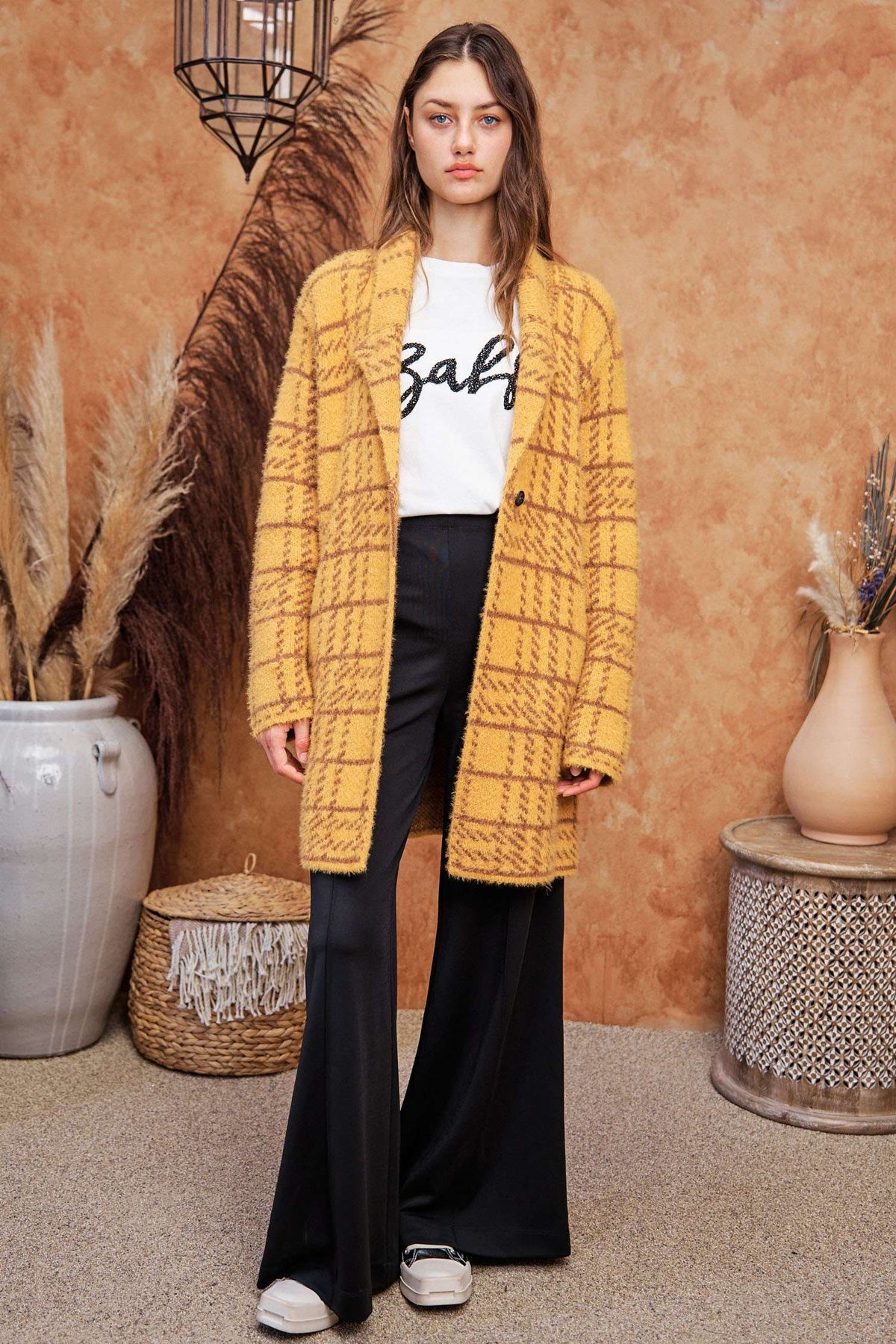 Plus - Plaid Knit Lapel Collar Button Front Long Coat