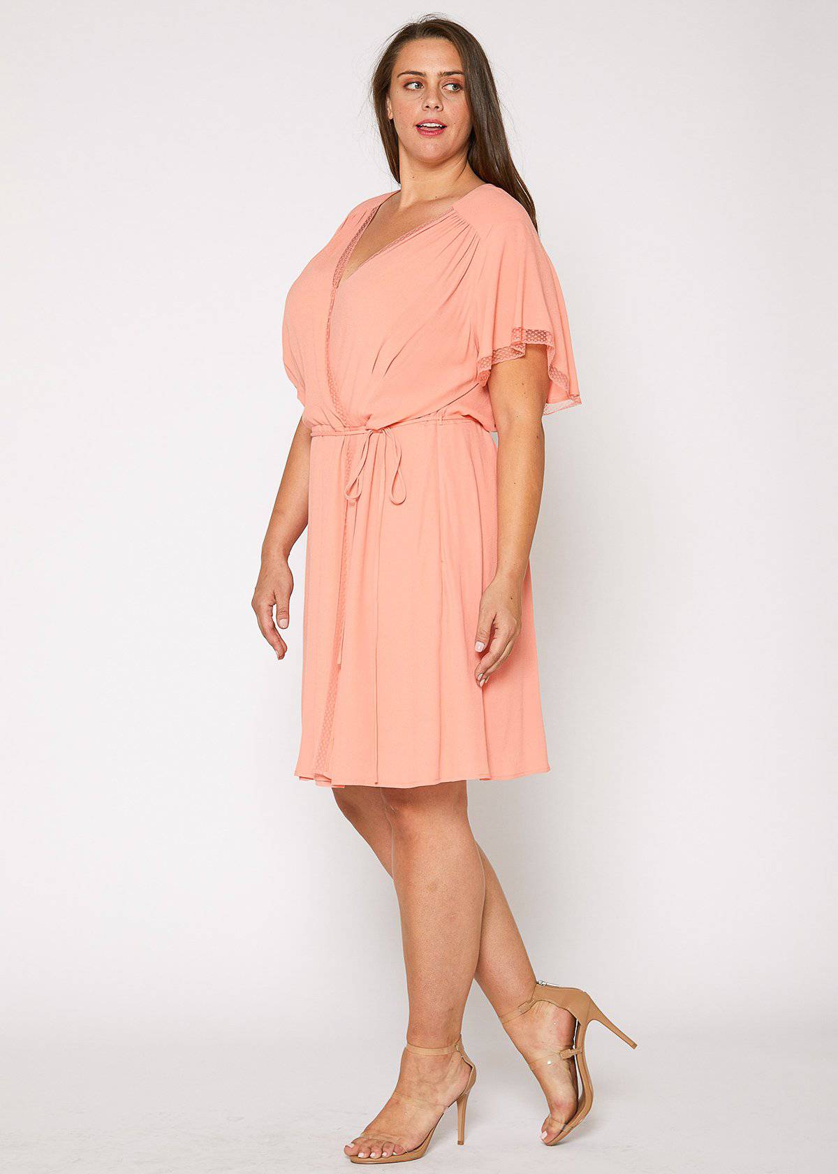 Nurode's Plus Size Lace Trim Wrap Dress in Coral