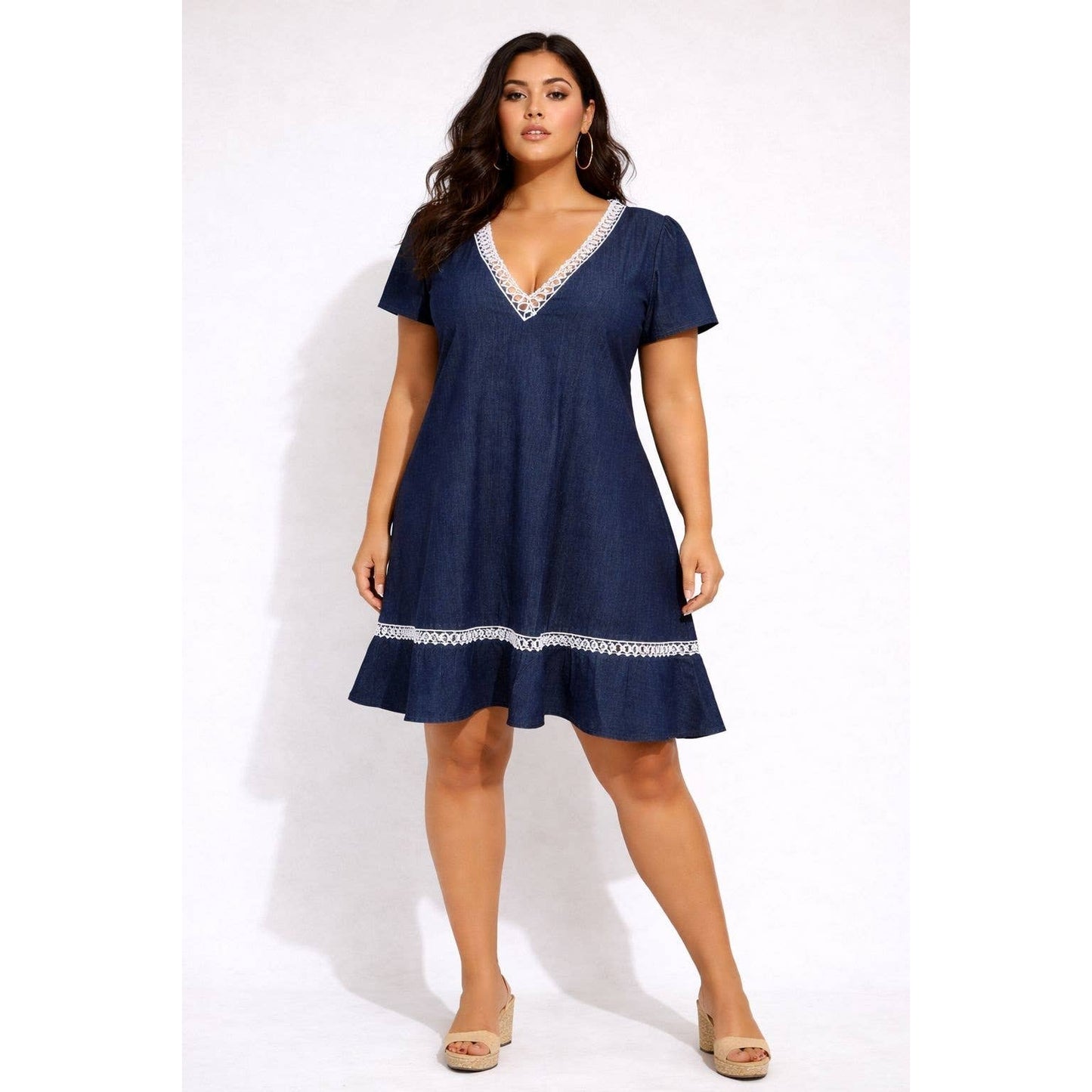 PLUS SIZE DENIM CHAMBRAY LACE TRIM DETAIL SHORT SLEEVE MINI