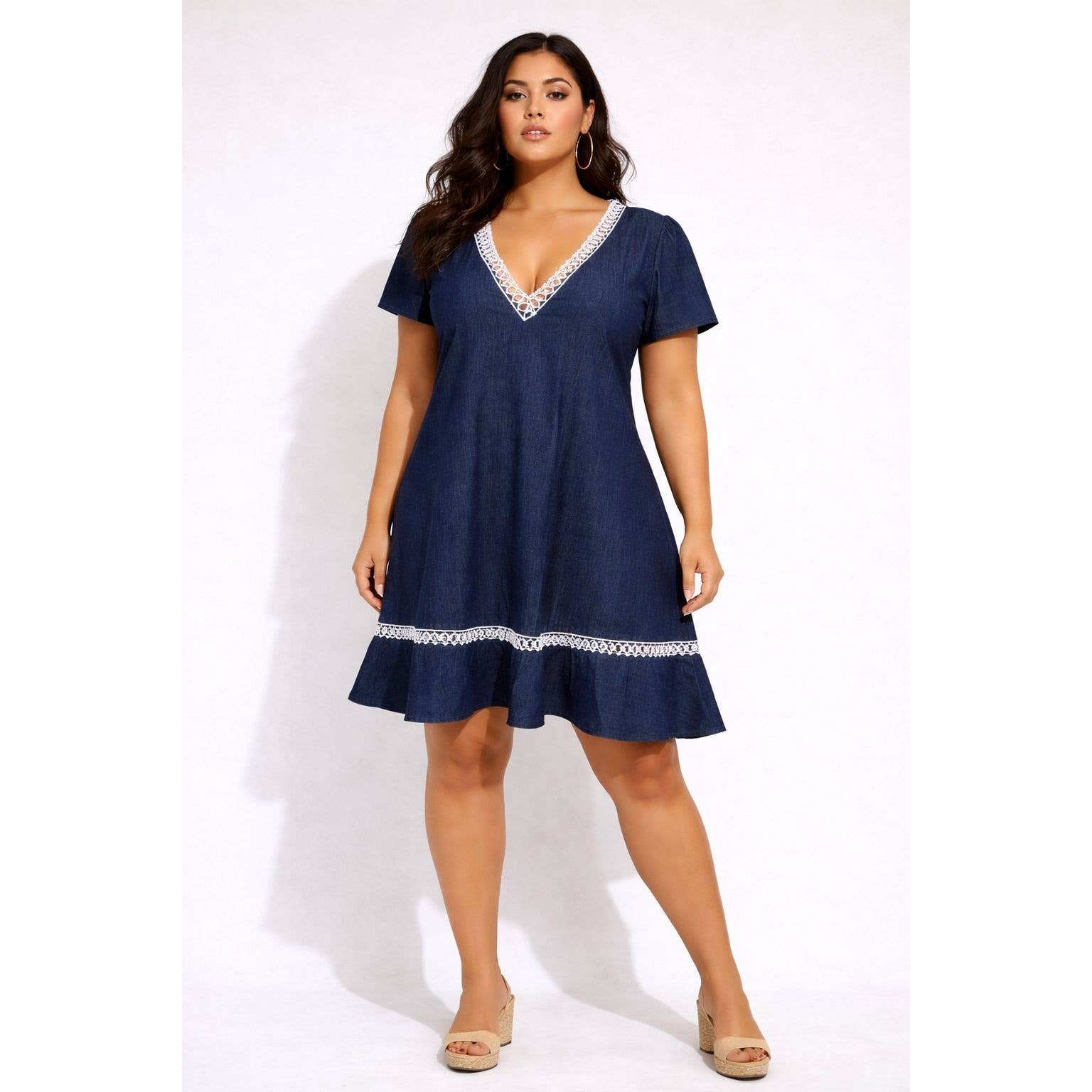 PLUS SIZE DENIM CHAMBRAY LACE TRIM DETAIL SHORT SLEEVE MINI
