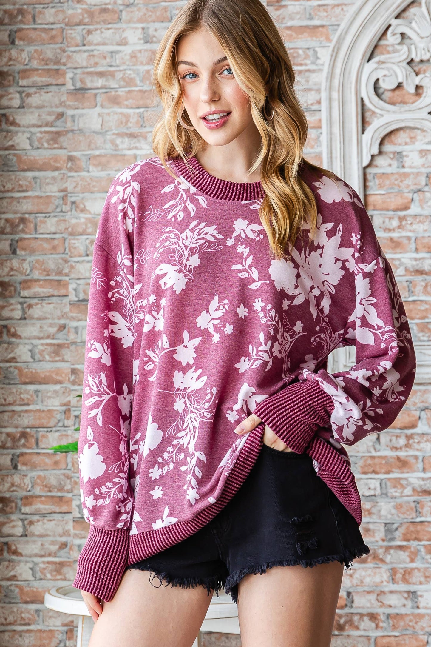 Plus printed knit top with ribbed contrast details-PLT10902