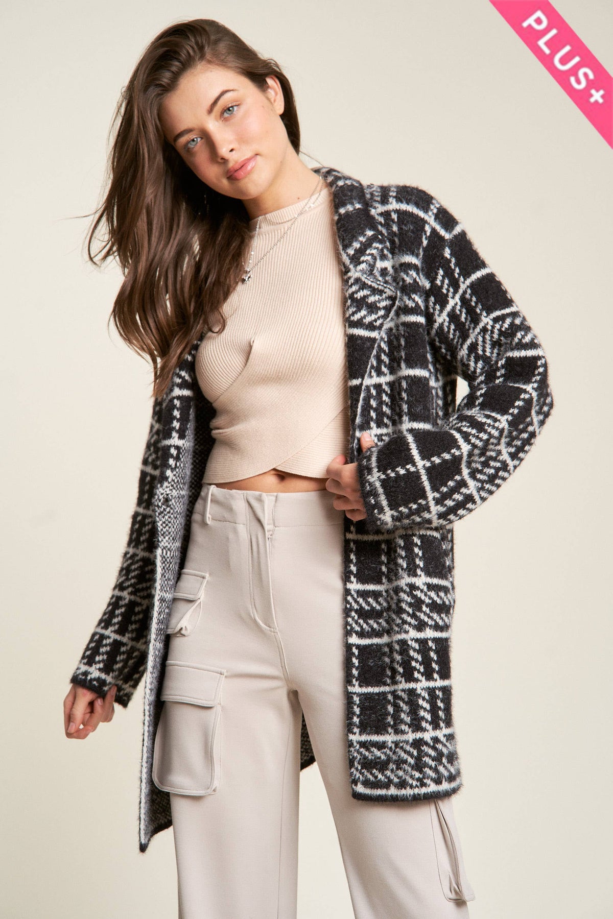 Plus - Plaid Knit Lapel Collar Button Front Long Coat