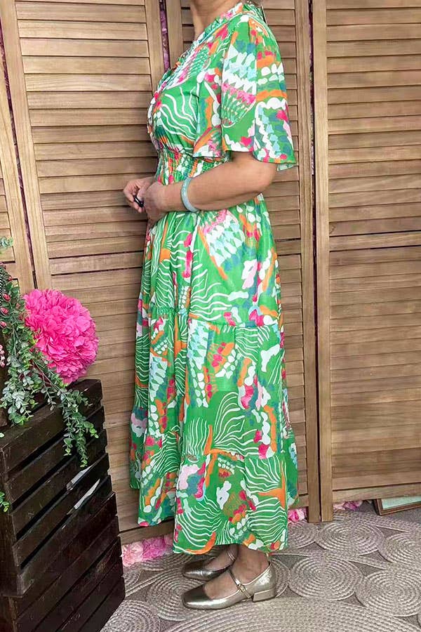 Green floral spring short sleeve women dress GJQ16824