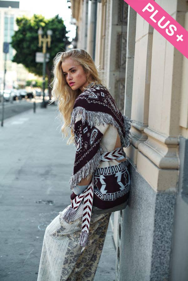 Plus - Fringe Trim Jacquard Belted Cardigan