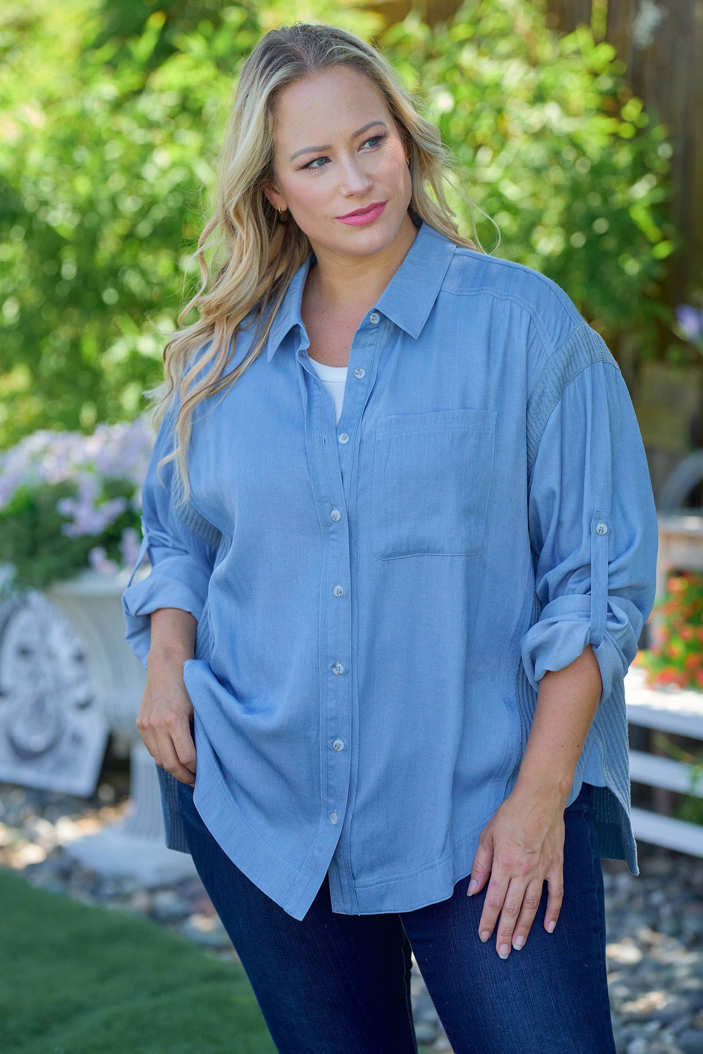 Plus Breezy Denim-Blue Button-Up-PIT6655