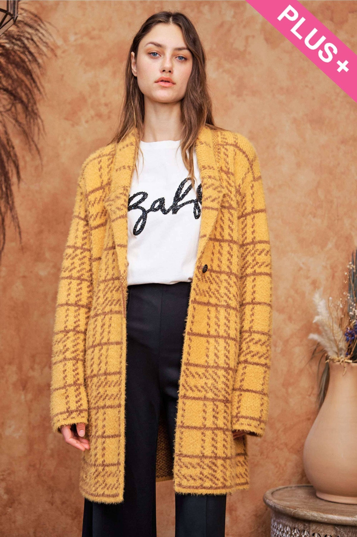 Plus - Plaid Knit Lapel Collar Button Front Long Coat