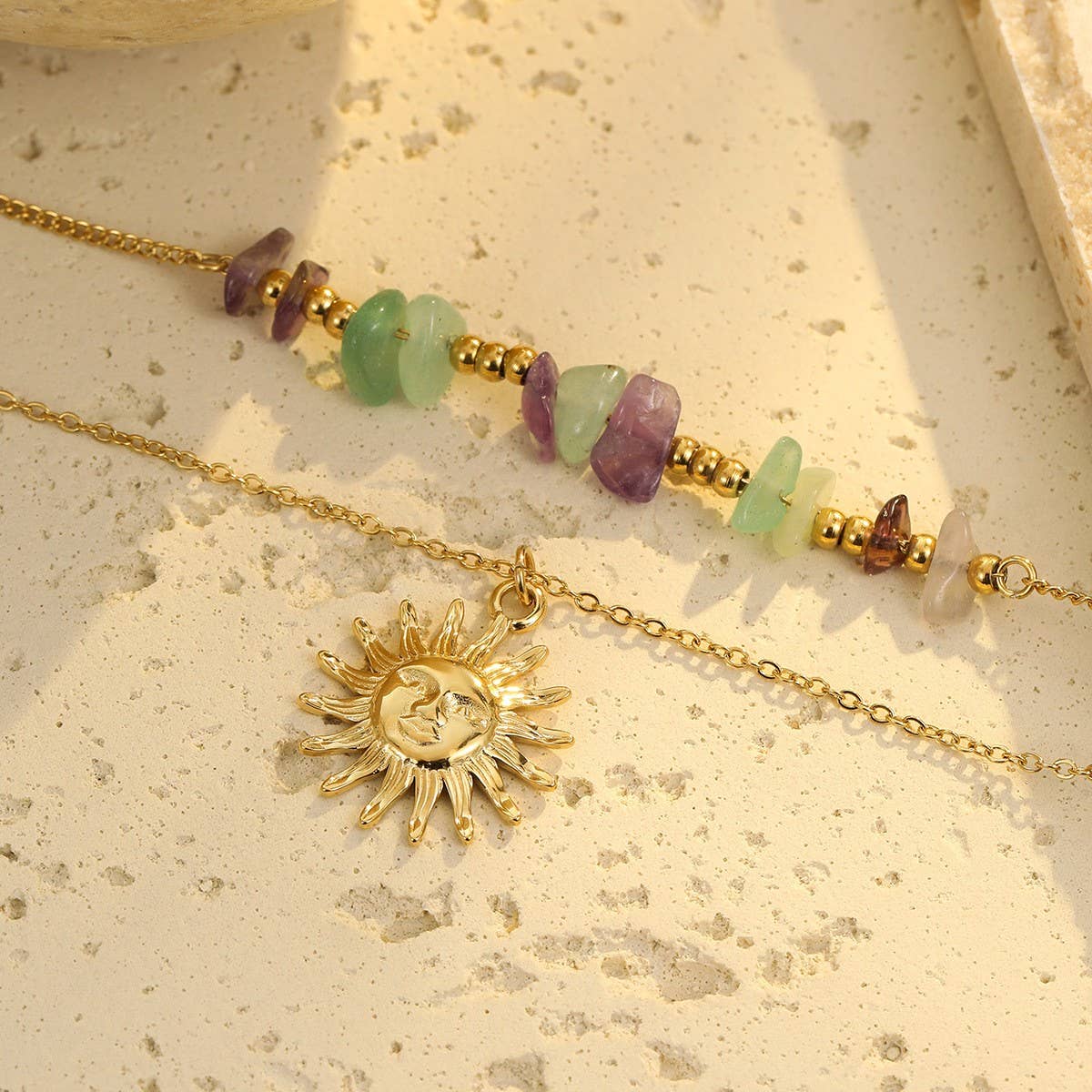 Boho Sun Pendant Natural Stone Beaded Necklace_CWMM12764
