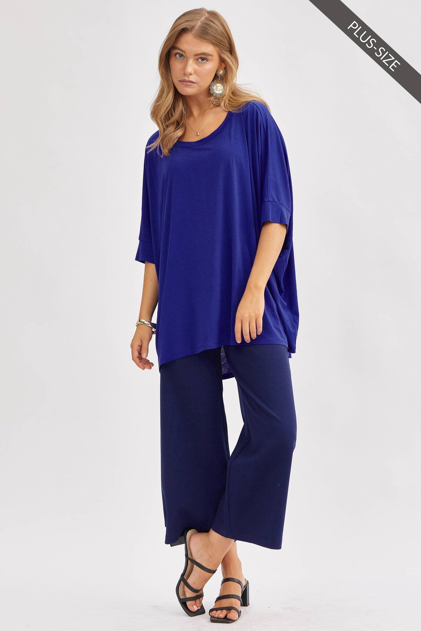 PLUS SIZE Relaxed Banded Dolman Sleeve Poncho-Like Tunic Top