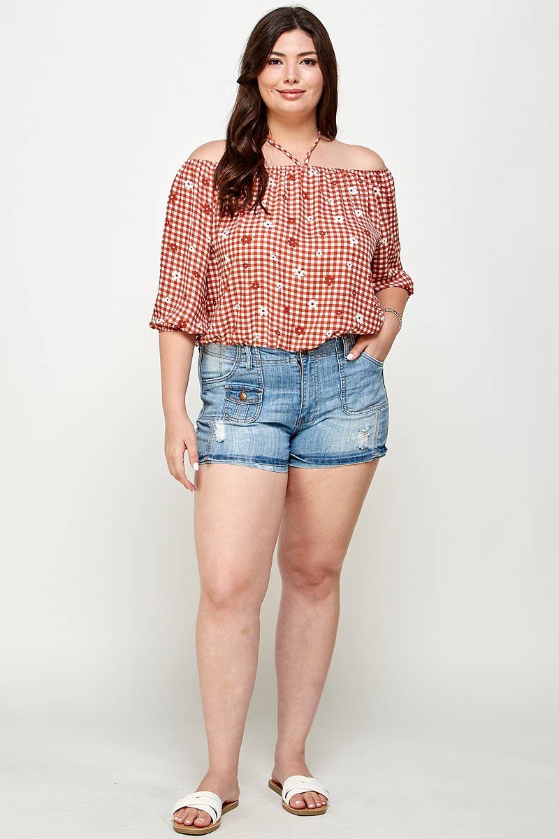 Plus Size Checker Off Shoulder Halter Top - WG17823-4T