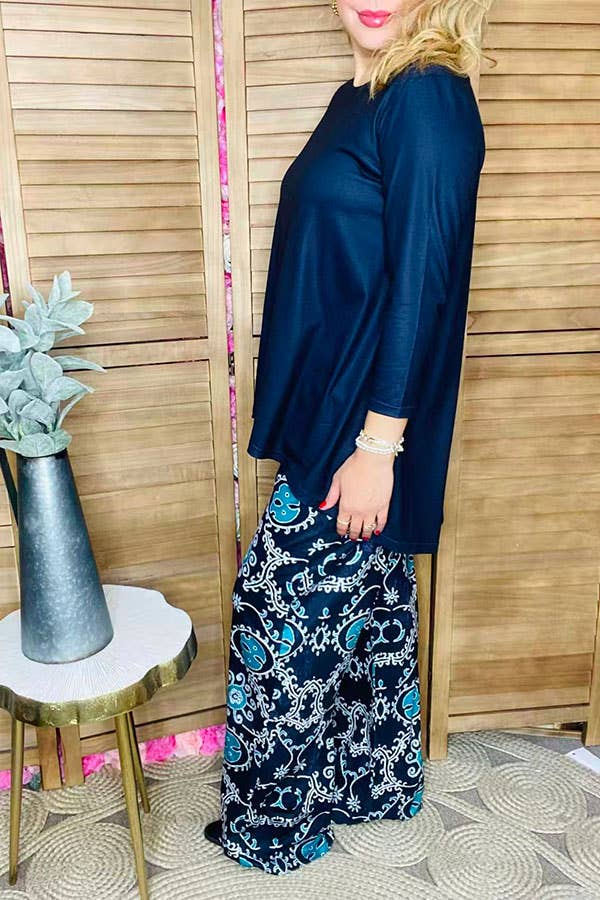 Blue 3/4 sleeve top & paisley pant women sets  GJQ15672
