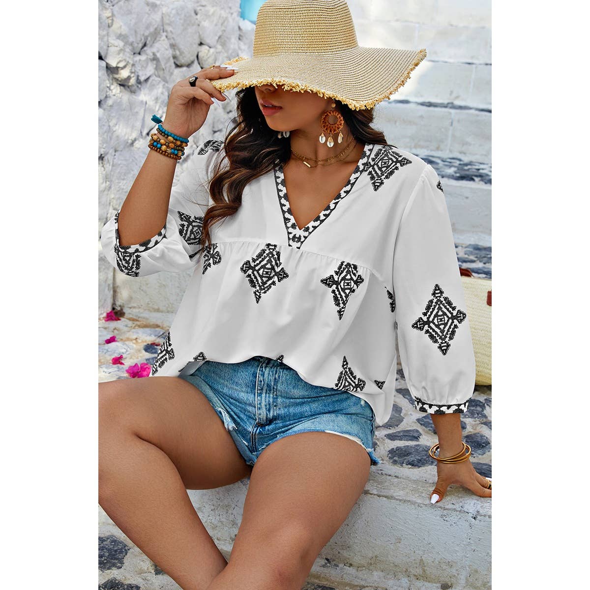 Plus V Neck Geometric Printed Embroidered Peplum Shirt
