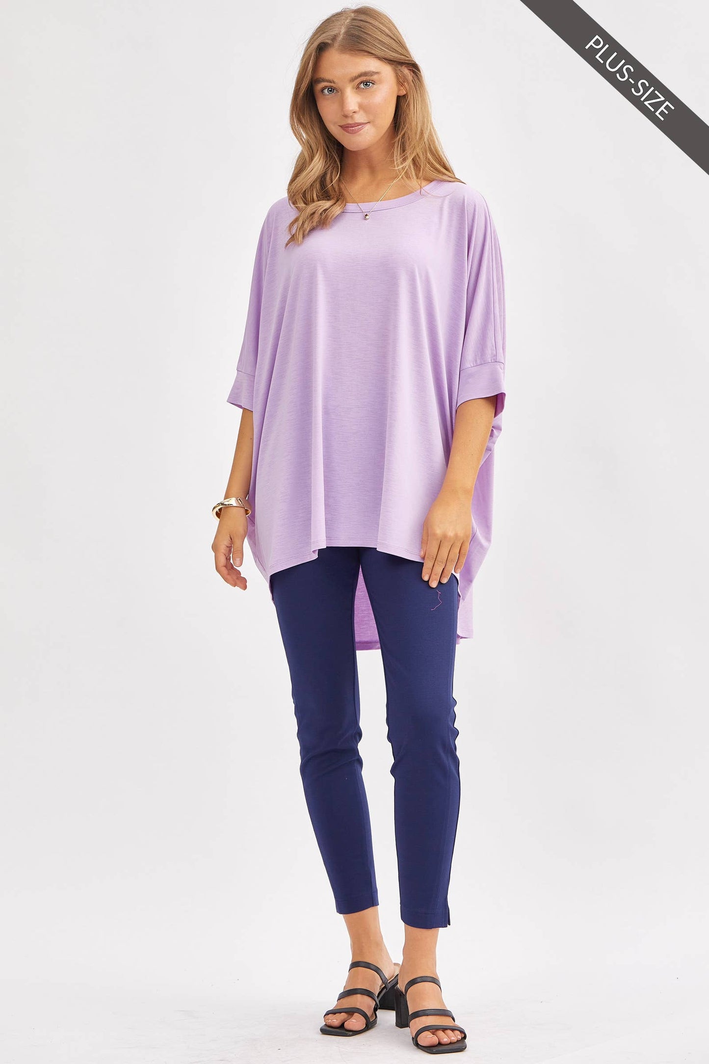 PLUS SIZE Relaxed Banded Dolman Sleeve Poncho-Like Tunic Top