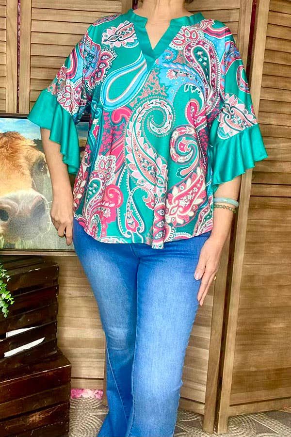 Western paisley printed ruffle sleeves women top GJQ16628