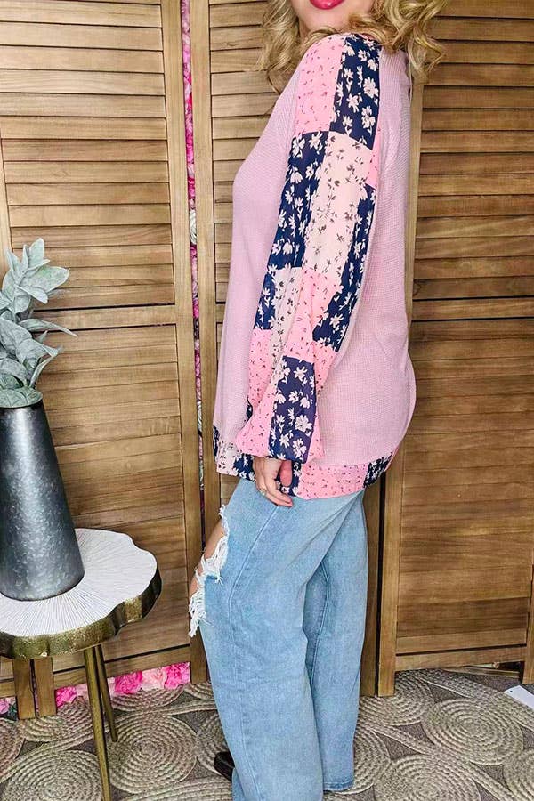 Pink Waffle chiffon floral long sleeve women blouse GJQ15675