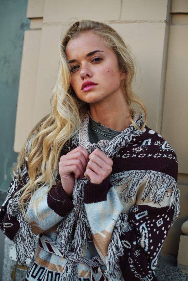 Plus - Fringe Trim Jacquard Belted Cardigan