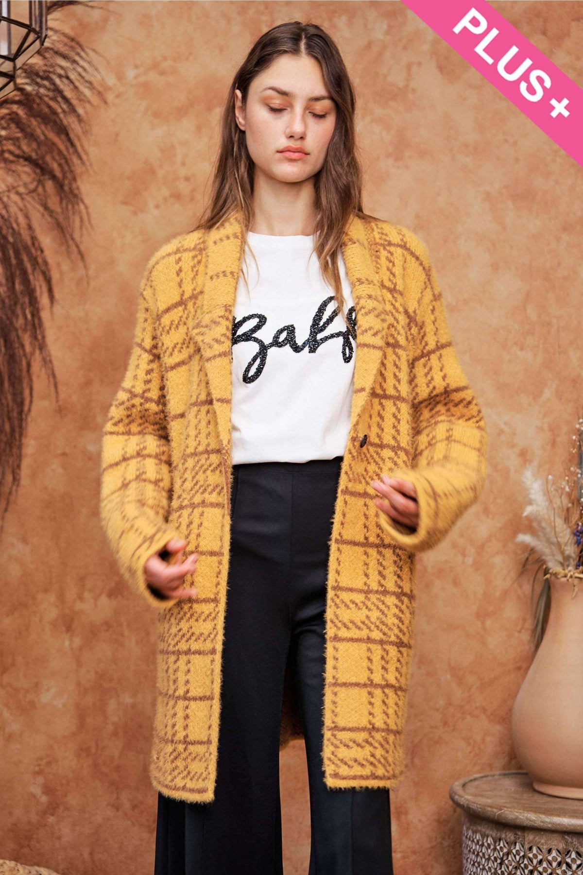 Plus - Plaid Knit Lapel Collar Button Front Long Coat