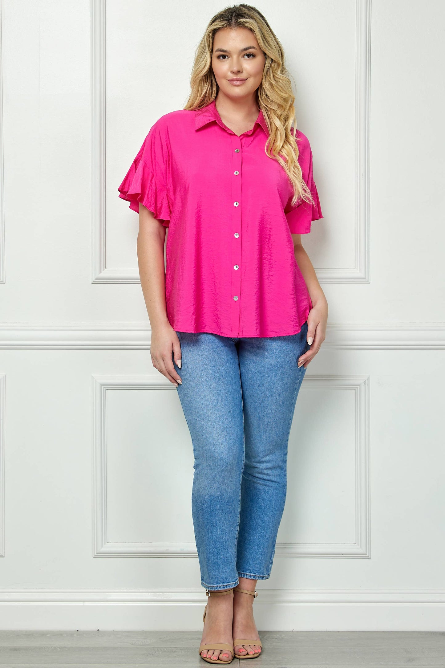 PLUS SIZE SOFTLY FEMININE RUFFLE SLEEVE BLOUSE