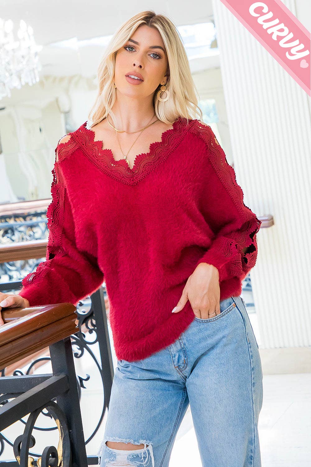 SW207PL LACE V-NECK SWEATER