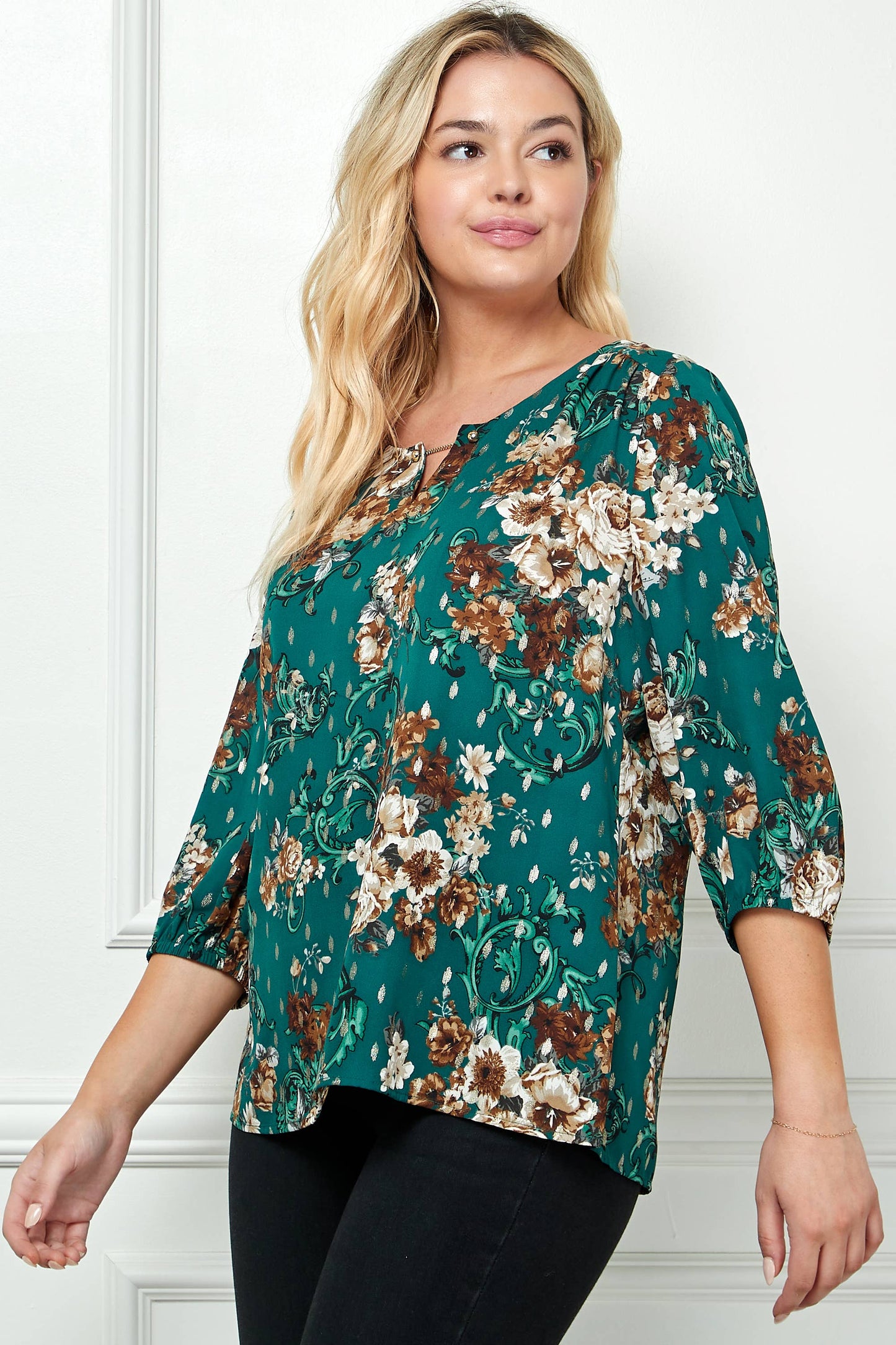PLUS SIZE ELASTIC SLEEVE TRIM NECK FRONT BLOUSE G216777N38X