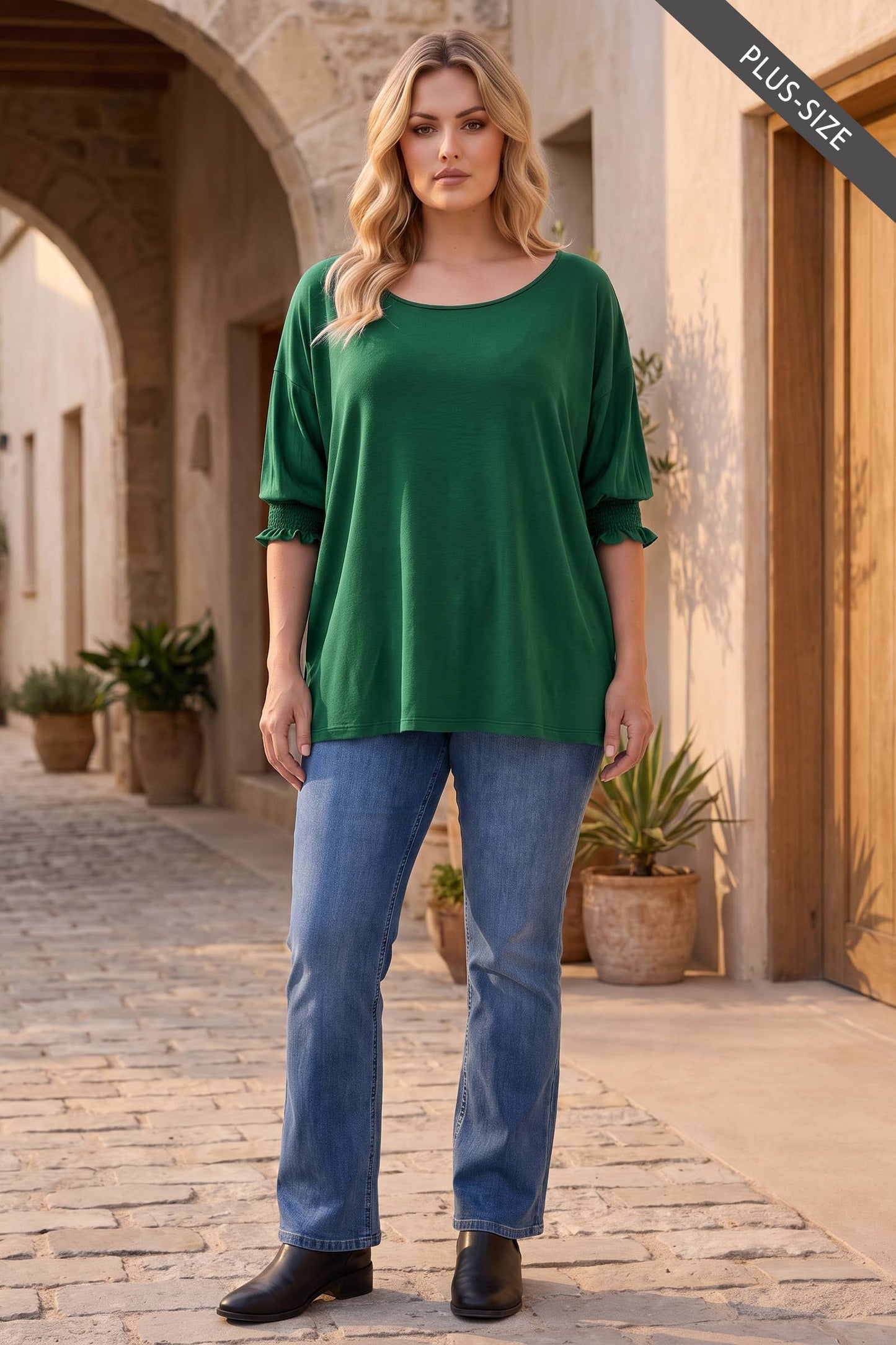 PLUS SIZE Oversized Smocked 3/4 Sleeve Poncho Blouse
