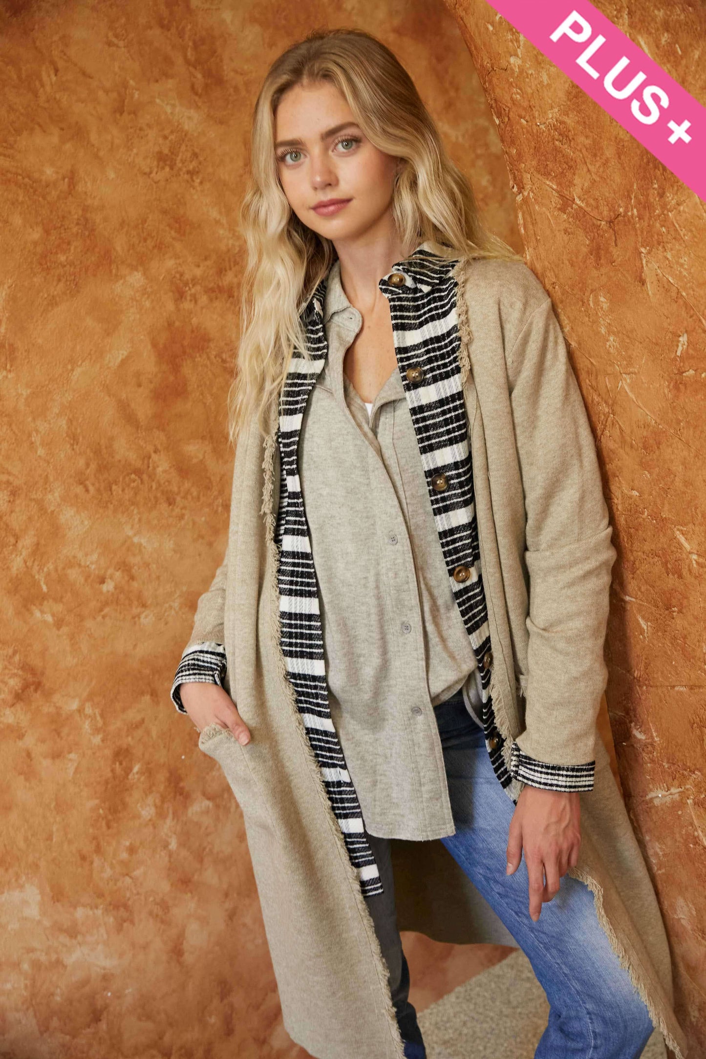 PLUS SOLID LONG SLEEVE FRINGE POCKETS CARDIGAN