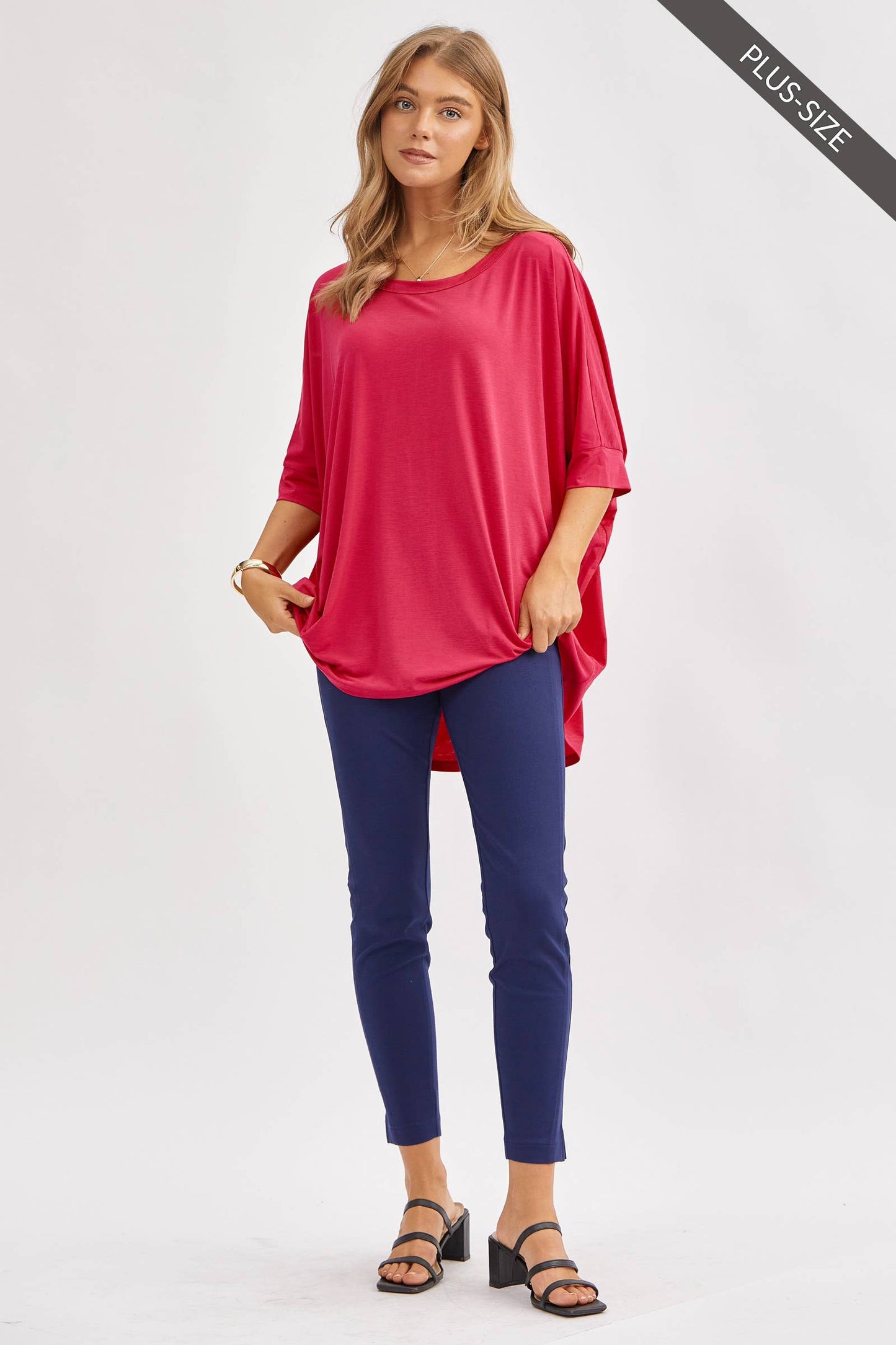 PLUS SIZE Relaxed Banded Dolman Sleeve Poncho-Like Tunic Top