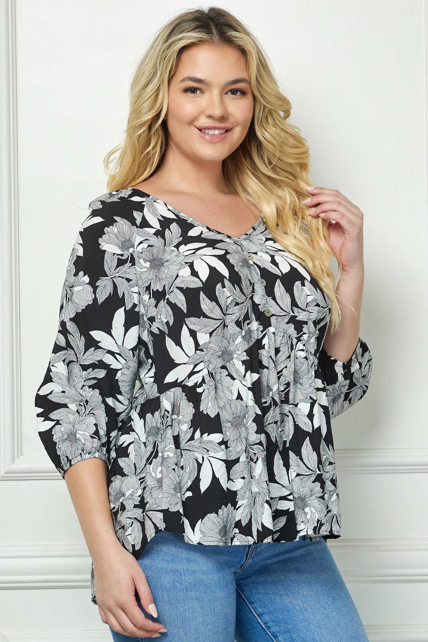 PLUS SIZE BLOOMING SUNSET FLORAL BABYDOLL TOP