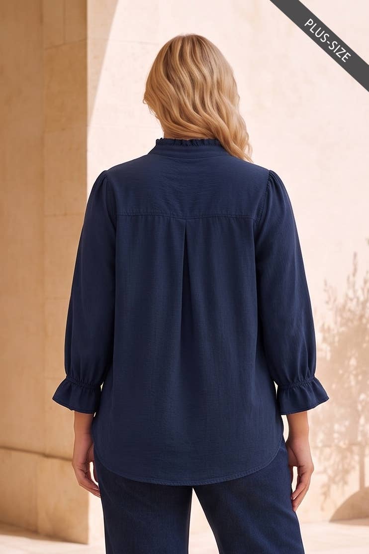 PLUS SIZE Ruffle 3/4 Sleeve Button Down Front Blouse