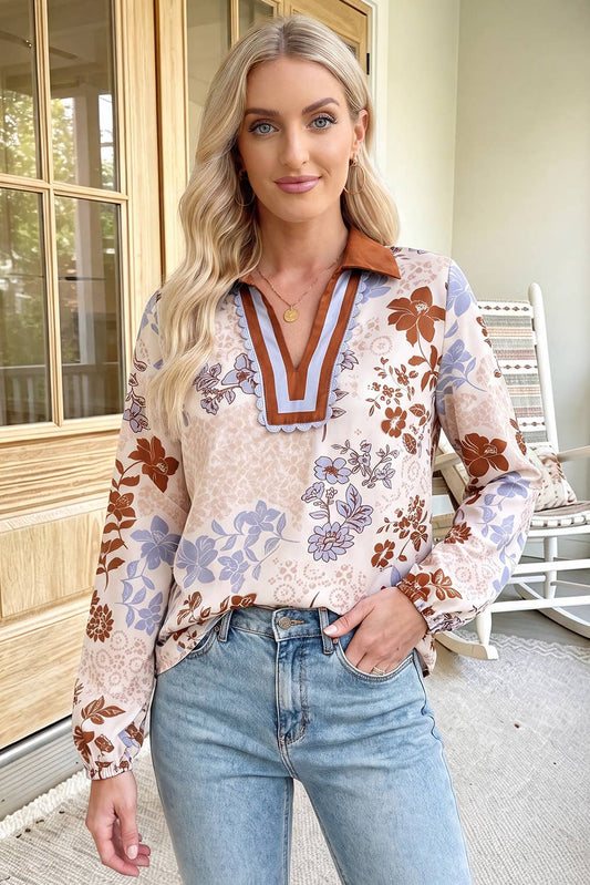 66 Plus Size Floral Print Colorblock V Neck Blouse (S-4X)