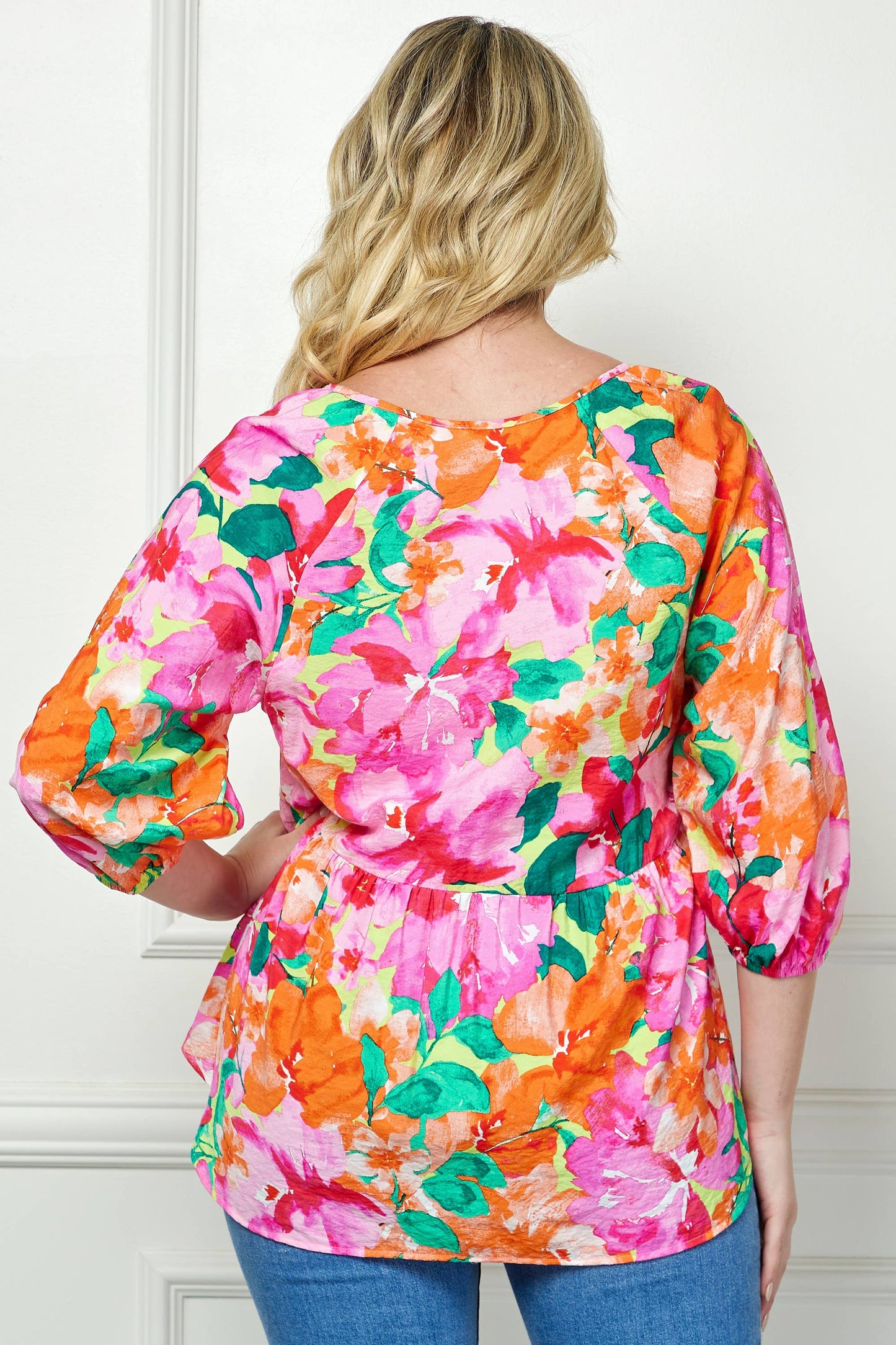 PLUS SIZE BLOOMING SUNSET FLORAL BABYDOLL TOP