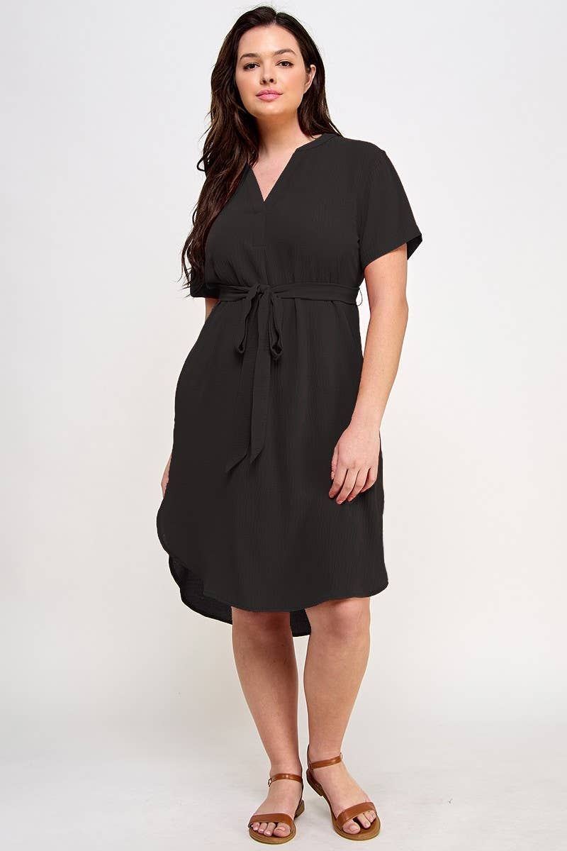 Plus Size Midi V-Neck Waist Tie Dress SS2352P-D