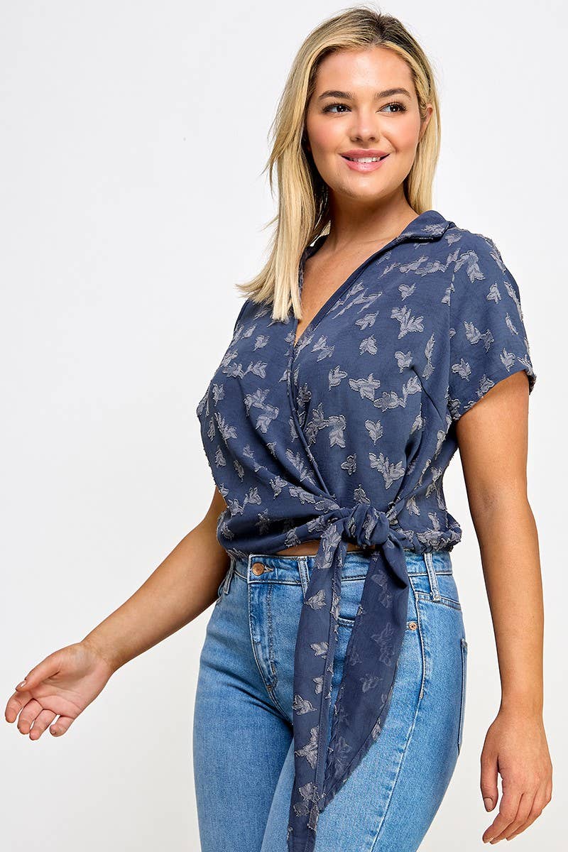 Plus Size Collar Wrap Side Tie Top - NK18396-T