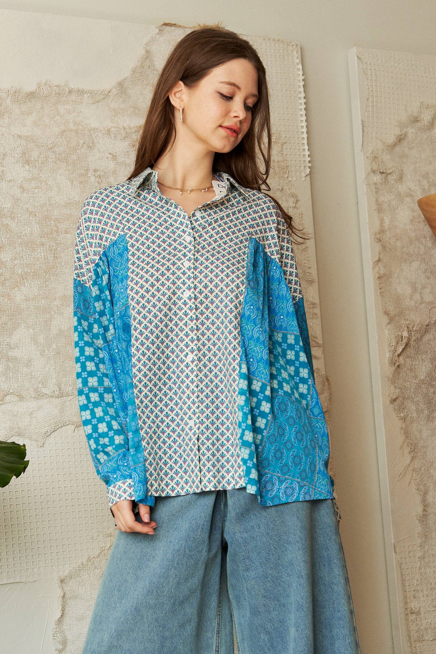 PLUS GEO MIXED BUTTON FRONT SLOUCHY RELAXED TOP