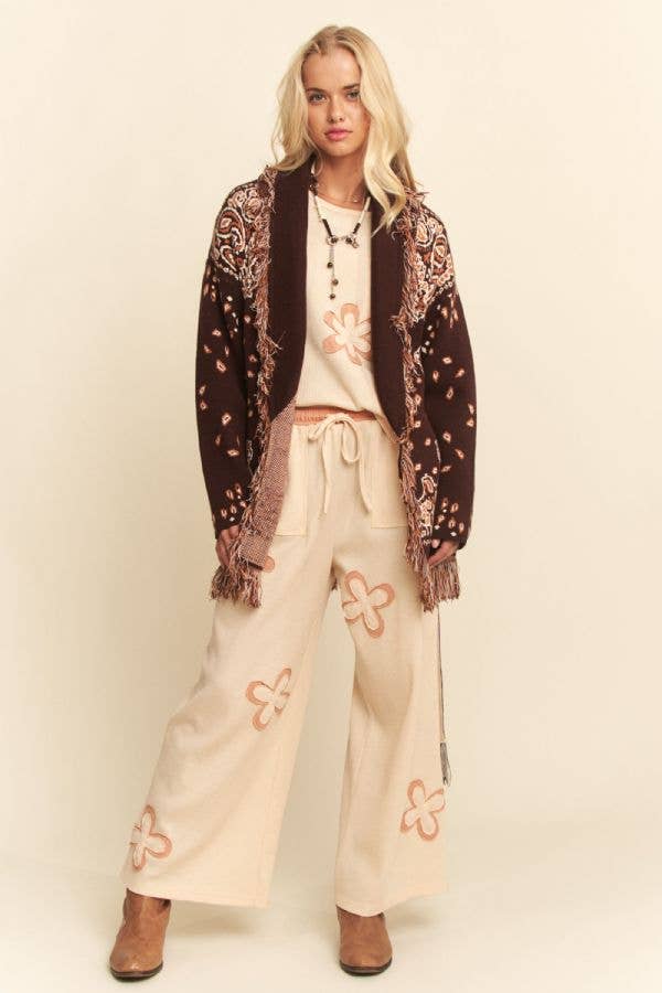 Plus - Fringe Trim Jacquard Belted Cardigan