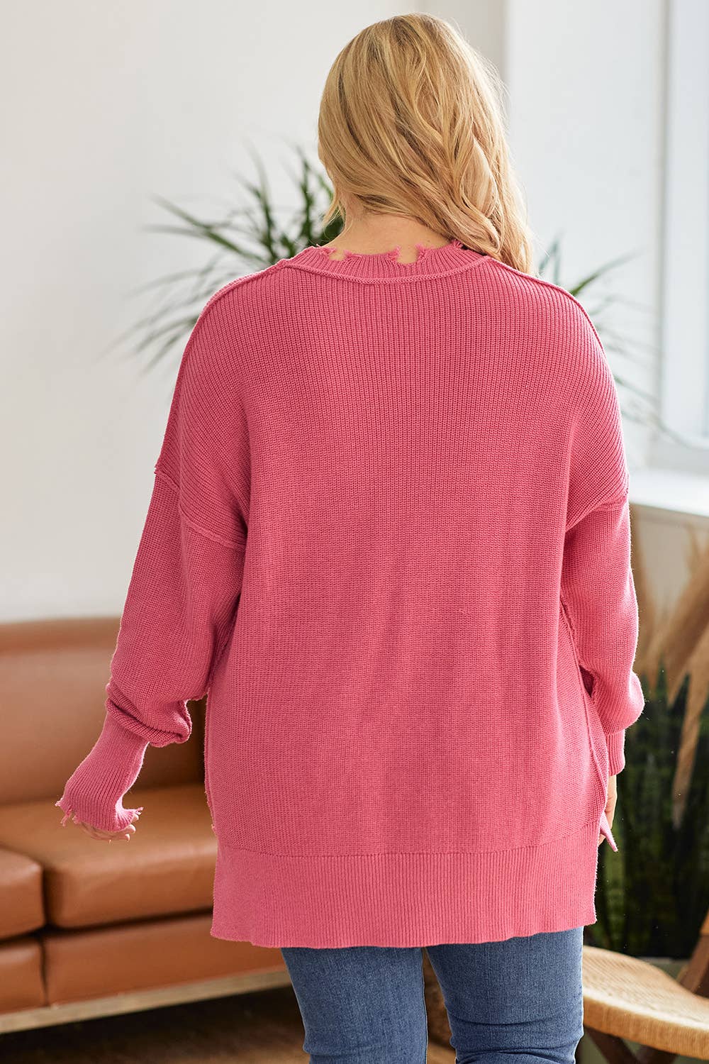 Plus Pullover Crew Neck Distressed Tunic Sweater-PSW4888