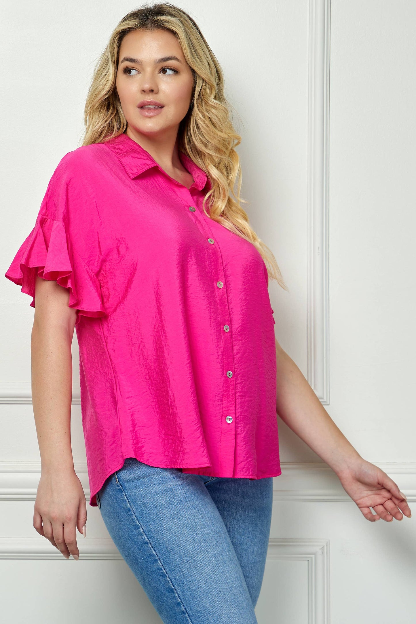 PLUS SIZE SOFTLY FEMININE RUFFLE SLEEVE BLOUSE