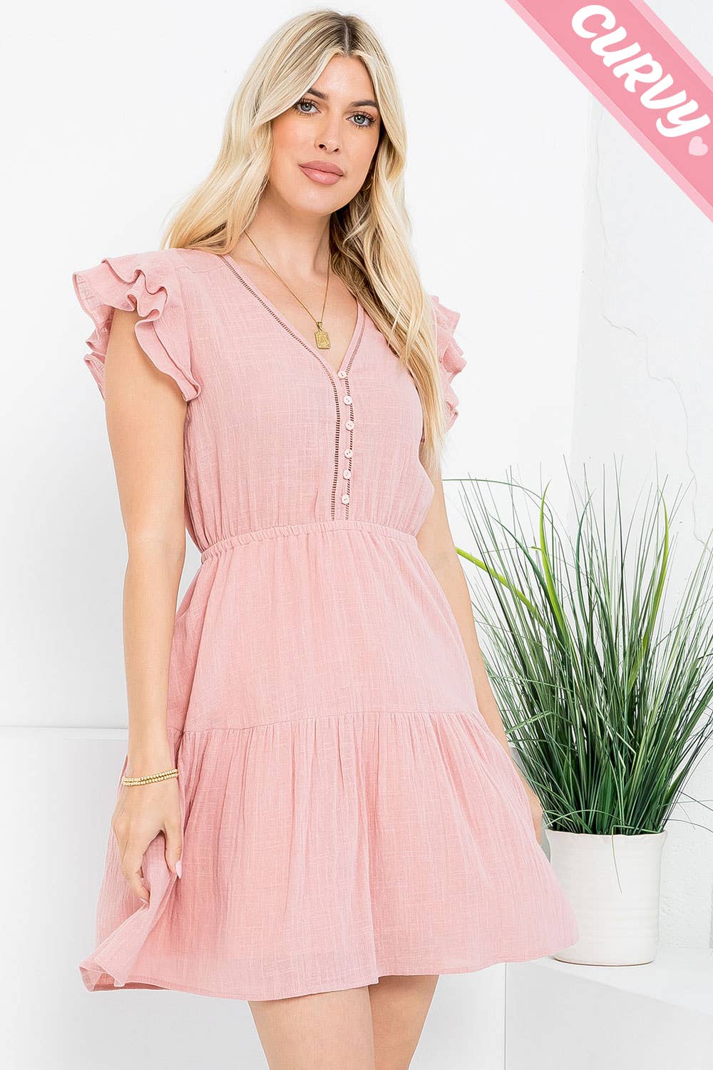 PLUS SIZE RUFFLE BUTTON FRONT SHORT DRESS
