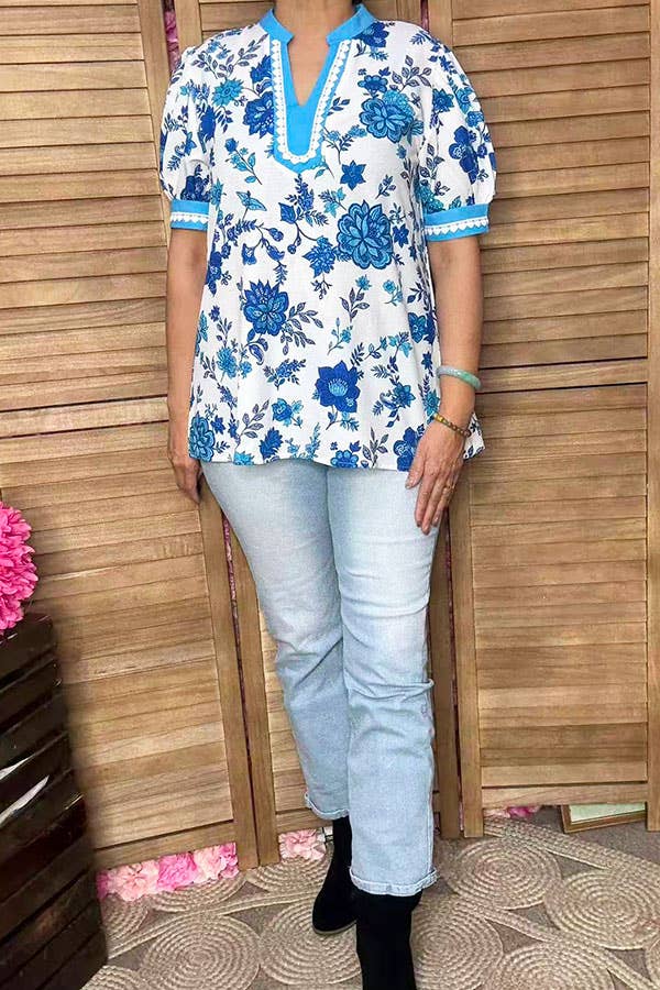 Blue floral whtie trim puff sleeve women top GJQ16642