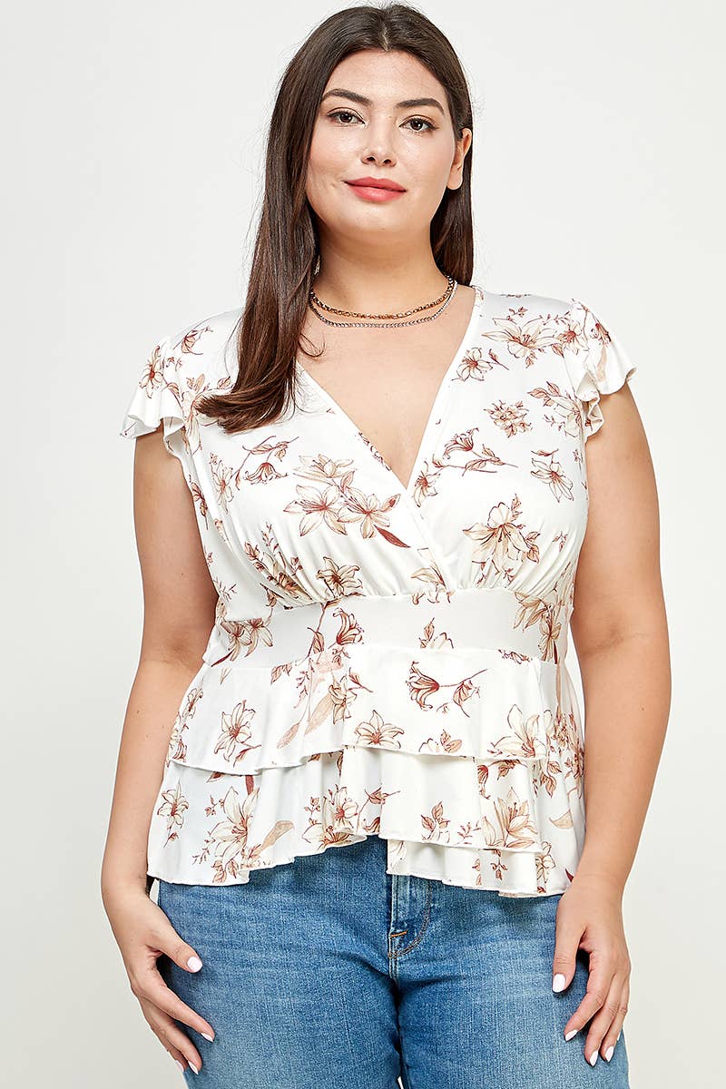 Plus Size Floral Ruffle Babydoll Top KY18037-T