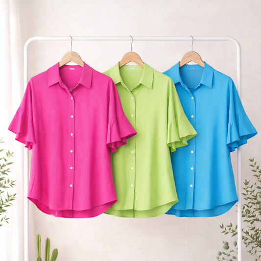 PLUS SIZE SOFTLY FEMININE RUFFLE SLEEVE BLOUSE