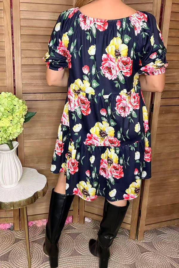 Floral print off shoulder short sleeve women dress GJQ15155